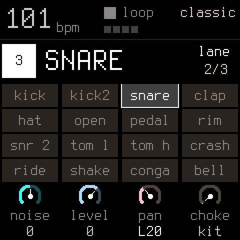 The second page: NOISE, LEVEL, PAN, CHOKE