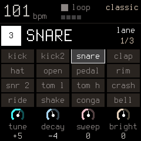 The lane page: TUNE, DECAY, SWEEP, BRIGHT of the snare